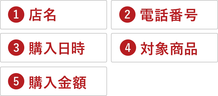 ①店名②電話番号③購入日時④対象商品⑤購入金額